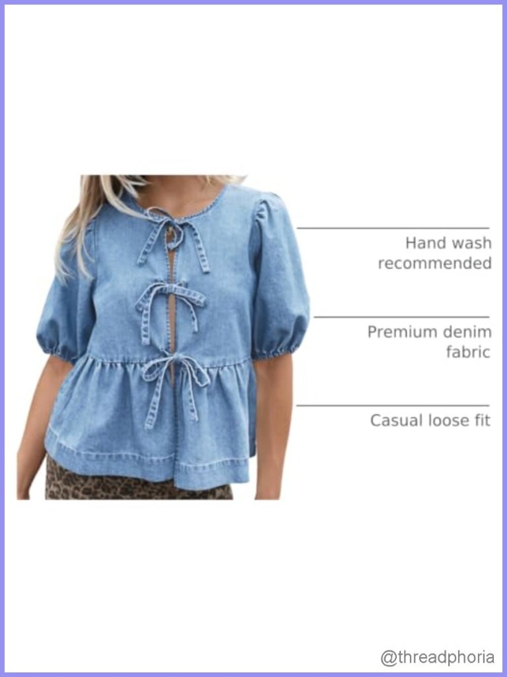 Denim Babydoll Peplum Blouse Puff Sleeve Tie Front Women - Picture 3 of 6